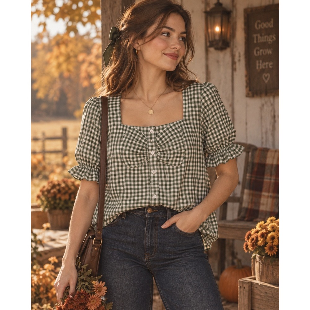Agnes Orinda Green Gingham Square Neck Puff Sleeve Button Front Blouse NEW